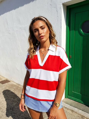 Red White Stripe V Neck T-Shirt