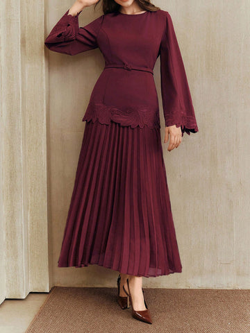 Embroidered Belted Pleated Midi Dress