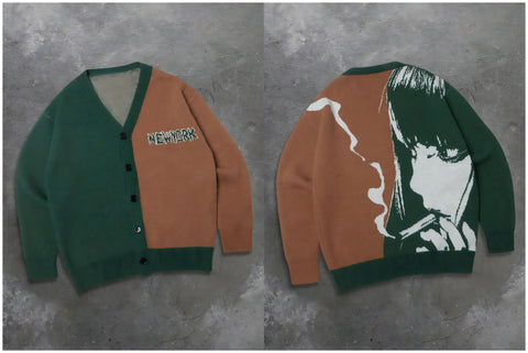 Oversized Graphic Colorblock Knit Cardigan