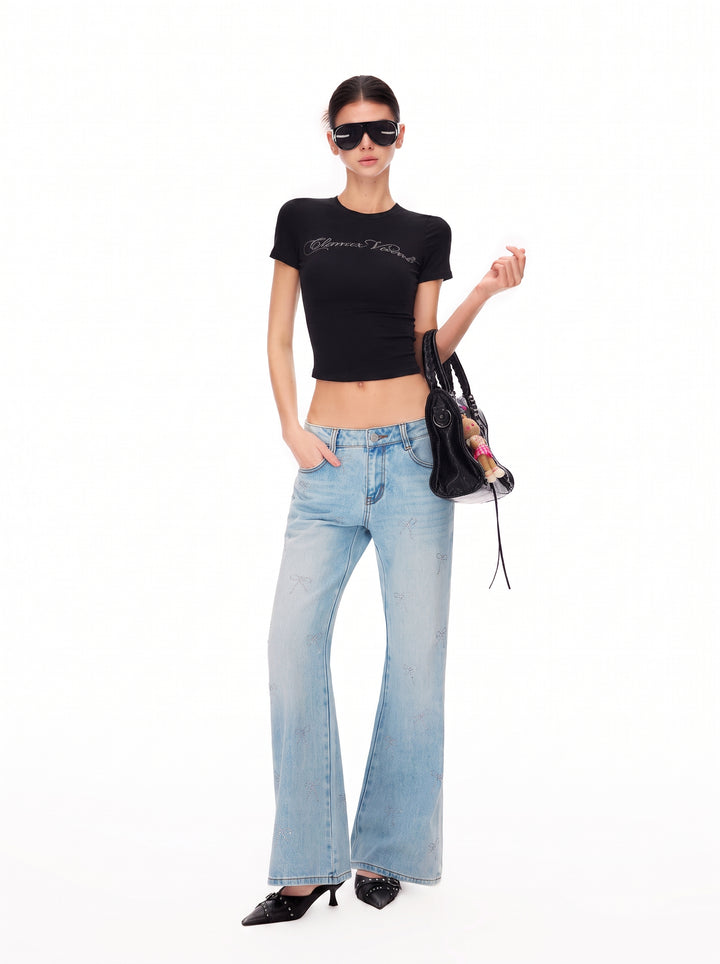 Rhinestone Bow Embellished Flare Jeans