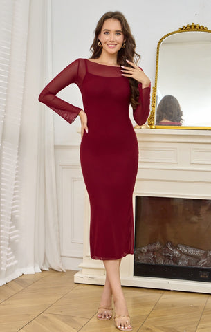 Sheer Panel Long Sleeve Bodycon Daily Midi Dress-Burgundy