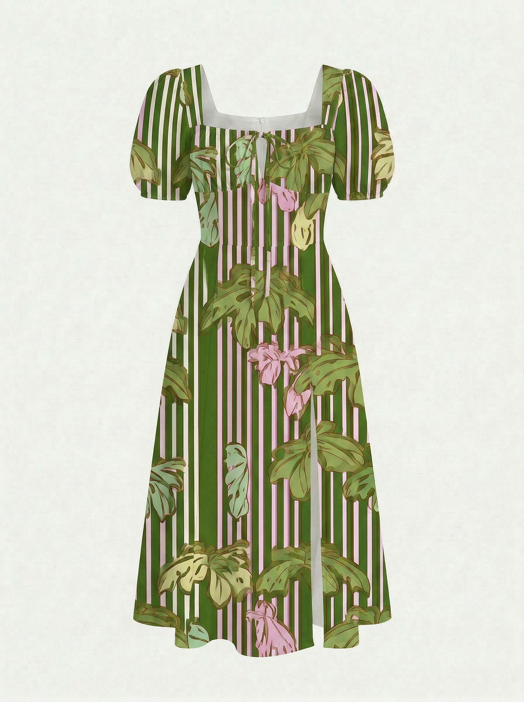 Floral Print Puff Sleeve Tie MidiDress