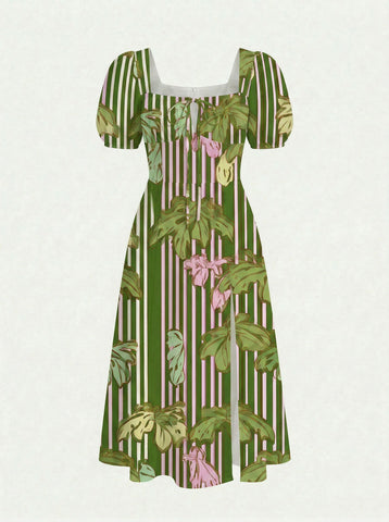 Floral Print Puff Sleeve Tie MidiDress
