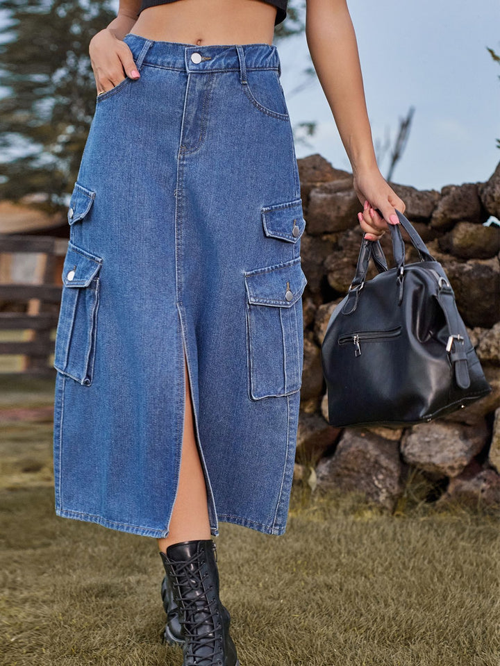 High Slit Cargo Denim Skirt