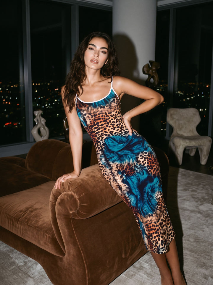 CAPRI Leopard and Blue Floral Print Sleeveless Bodycon Midi Dress