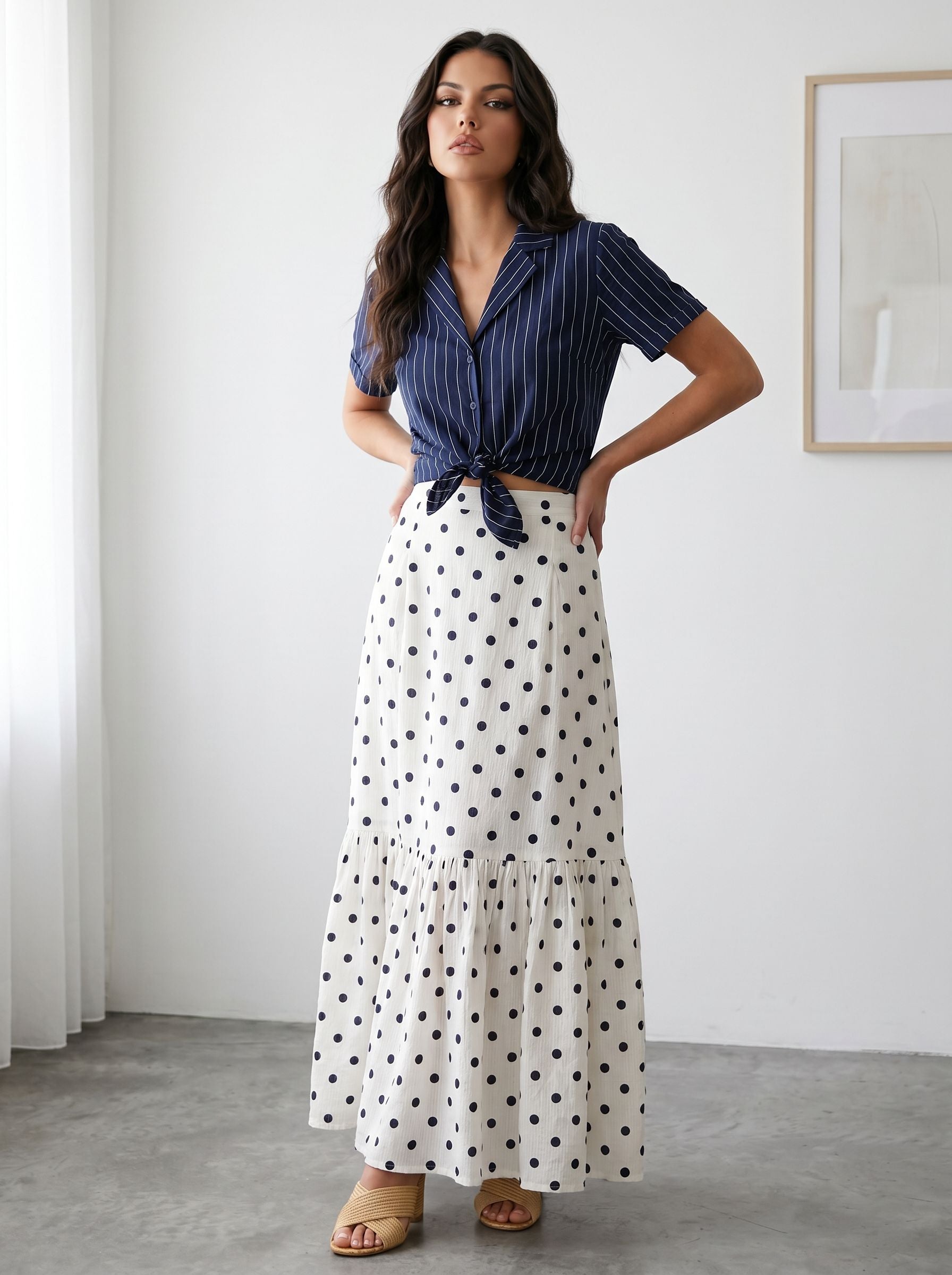 High Waisted Polka Dot Midi Skirt