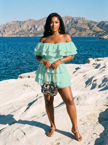 Off Shoulder Ruffled Layered Romper