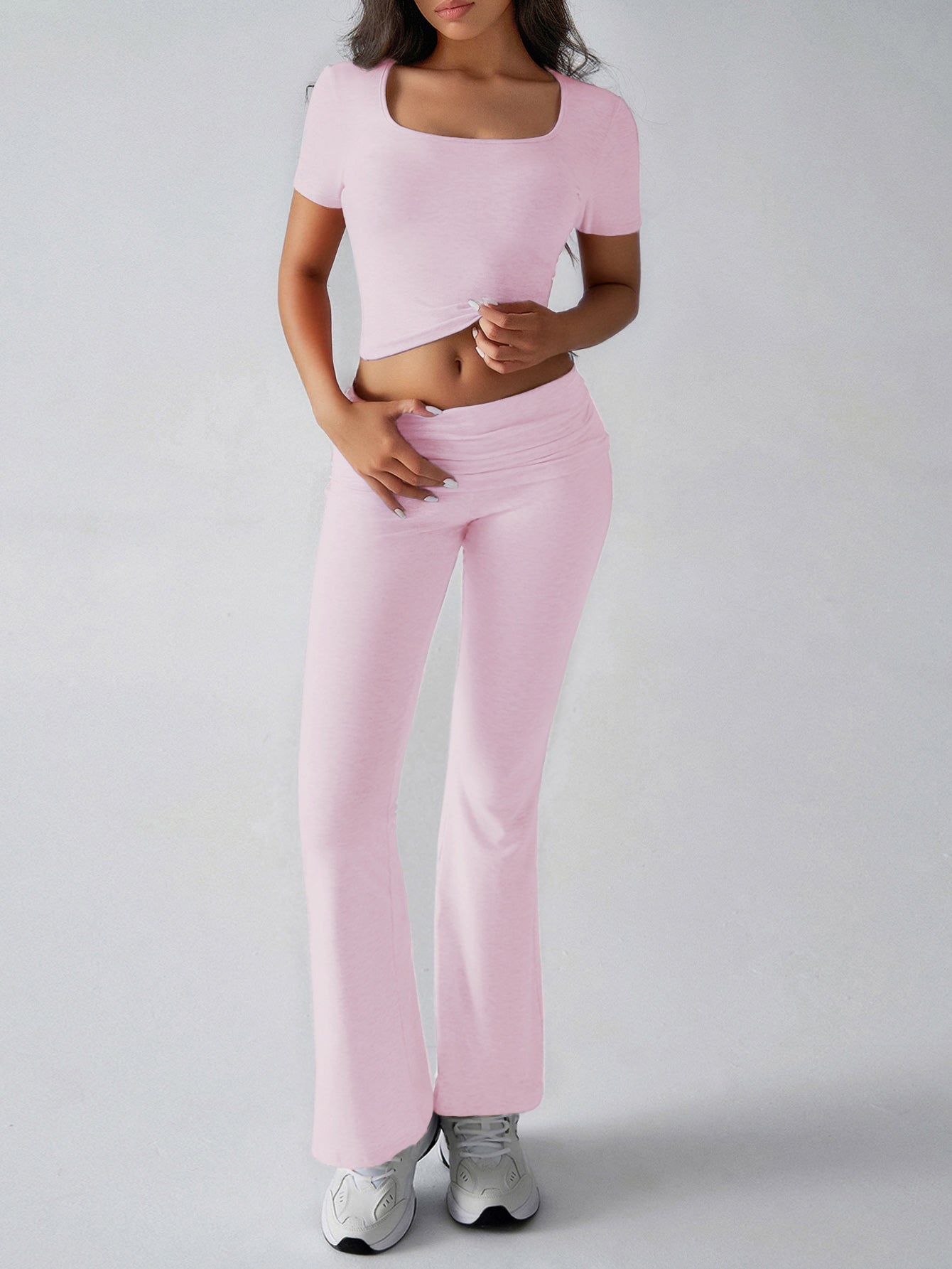 Square Neck Top High-Waisted Flare Pants Casual Set-Gray