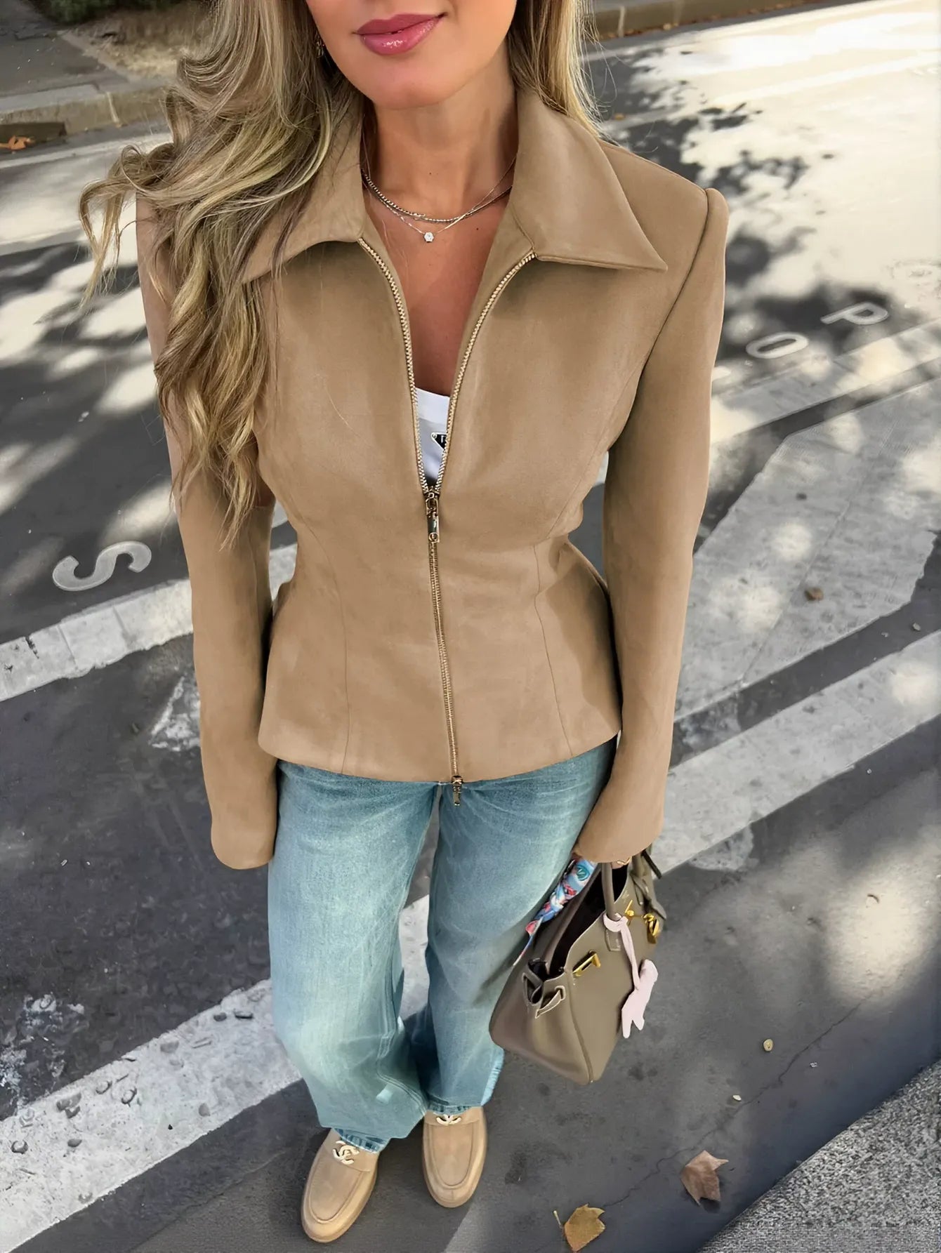 Fitted Suede Peplum Zip Jacket