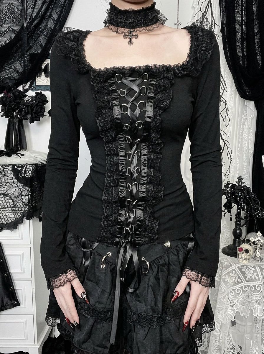 Gothic Lace Up Ruffle Long Sleeve Top