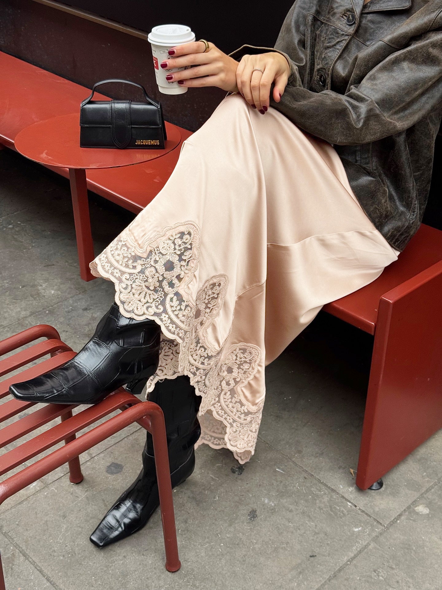 Elegant Lace Trim Satin Midi Skirt