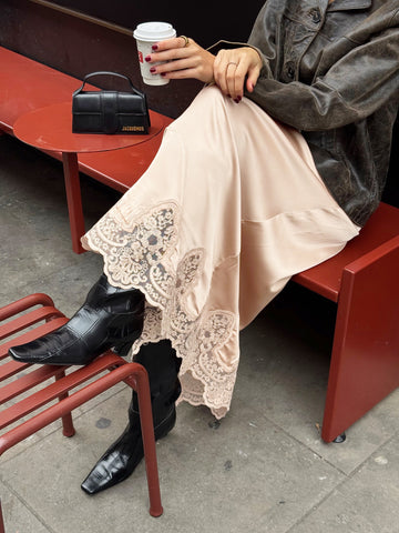 Elegant Lace Trim Satin Midi Skirt