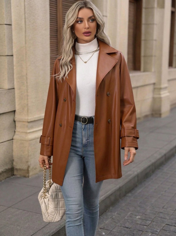 Belted Double Breasted Faux Leather Jacket