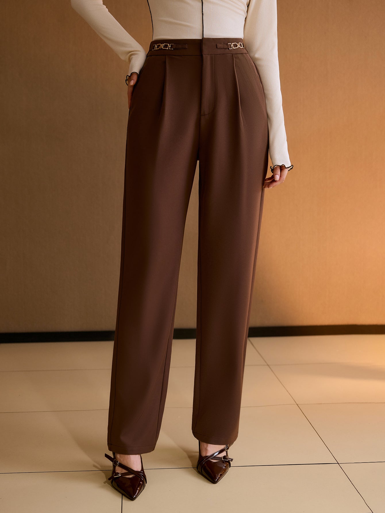 High Waisted Buckle Detailed Trousers
