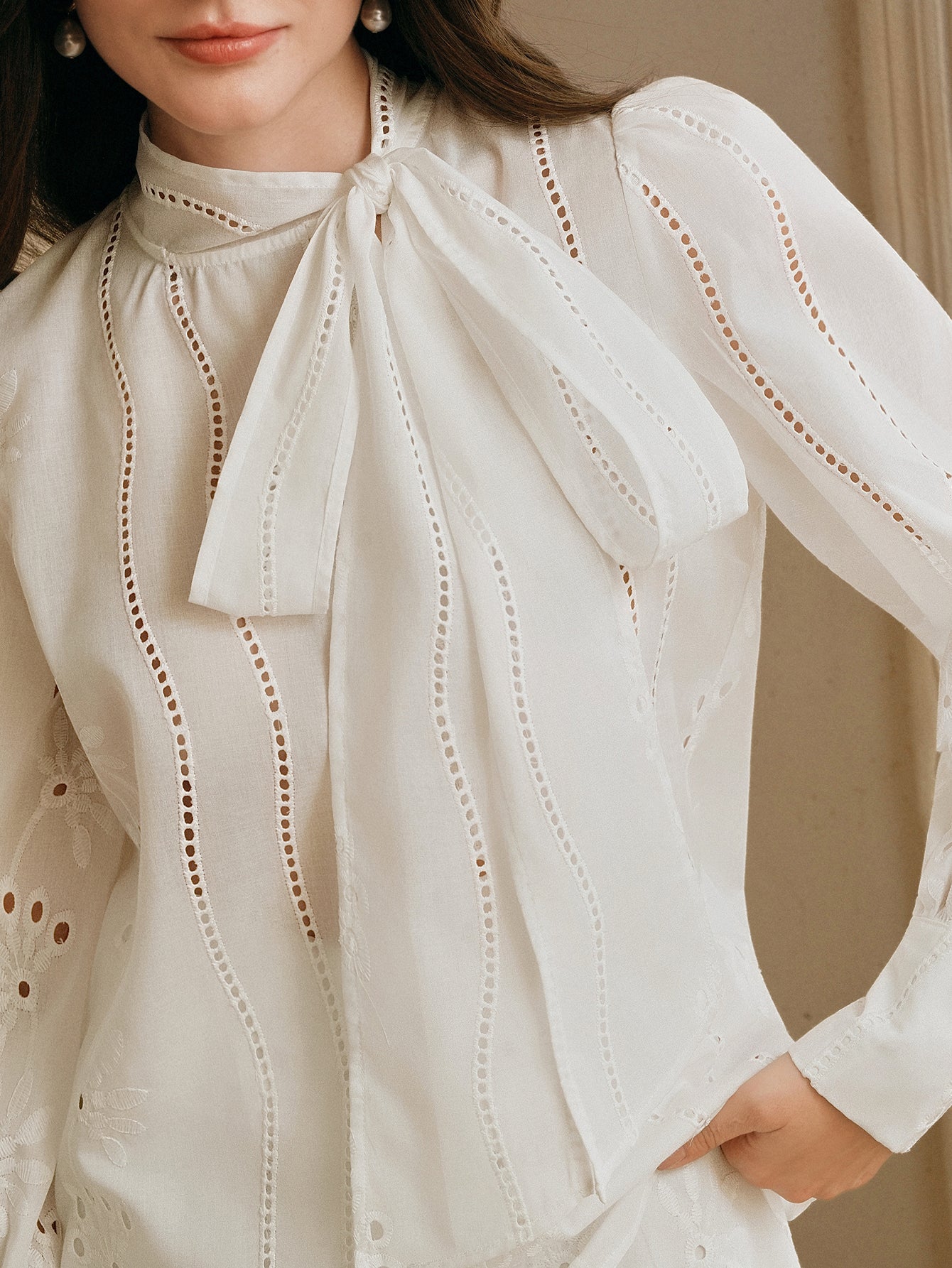 Elegant Embroidered Tie Neck Blouse