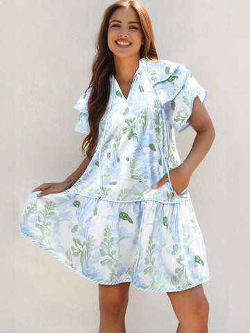 Ruffle Sleeve Blue Trim Mini Dress