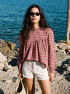 Plaid Smocked Mock Neck Blouse