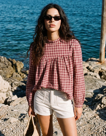 Plaid Smocked Mock Neck Blouse