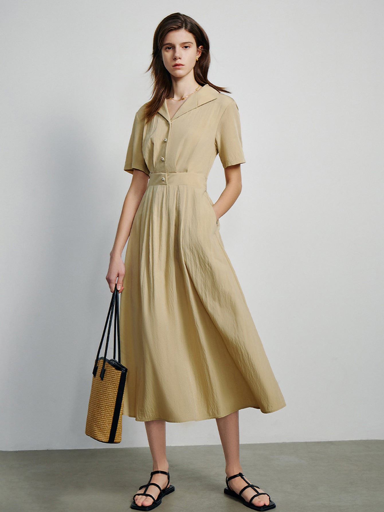 Short Sleeve Pleated Elegant Midi Dress