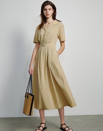 Short Sleeve Pleated Elegant Midi Dress