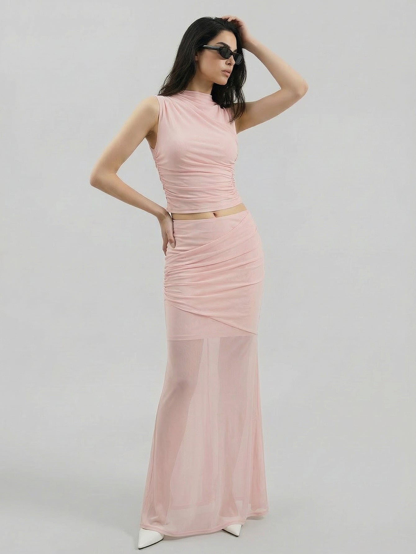 SAÏA Mock Neck Ruched Trendy Tank-Pink