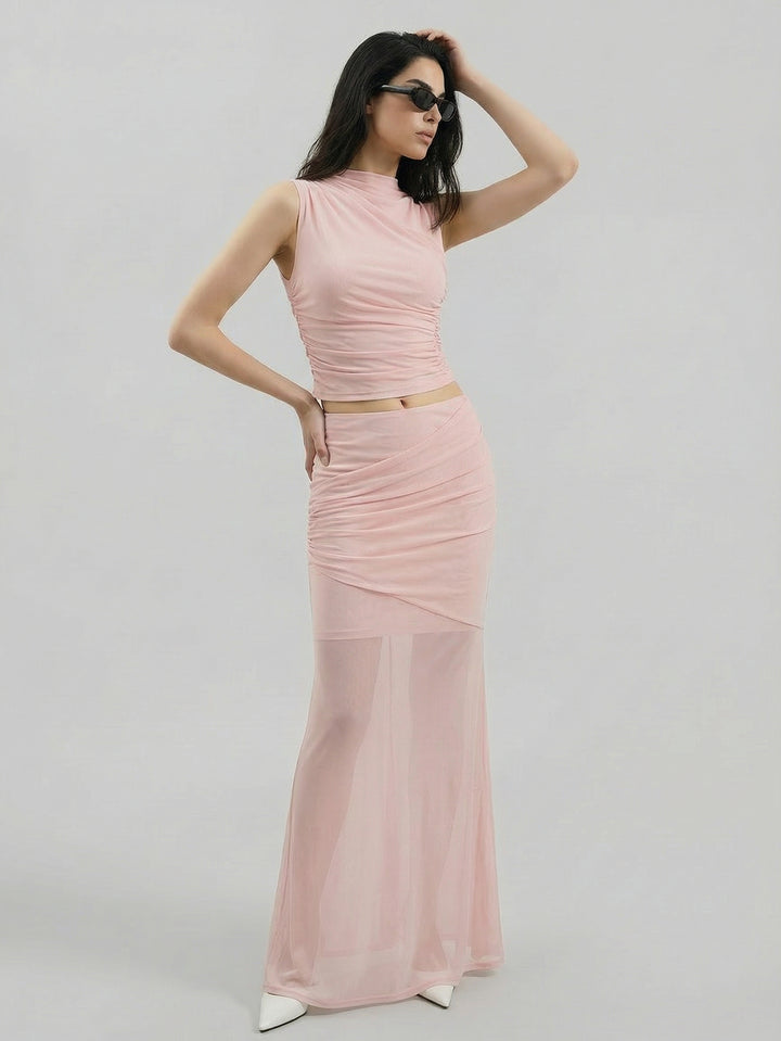 SAIA Mock Neck Ruched Trendy Tank-Pink