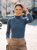 Ribbed Lettuce Edge Mock Neck Sweater