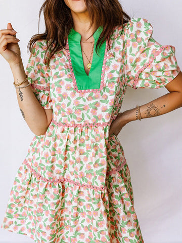 Floral Green Trim Mini Dress