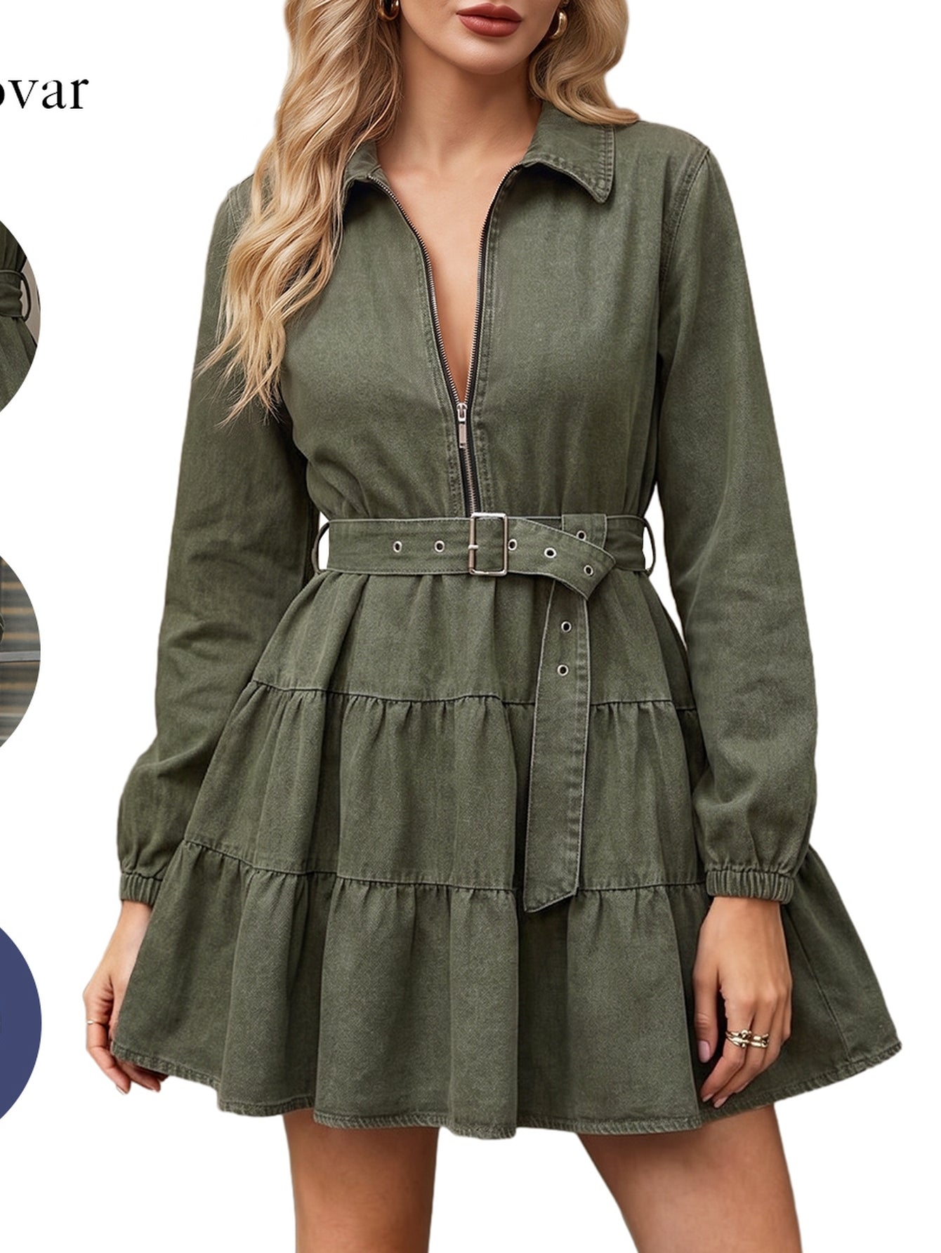 Zip Up Belted Denim Dress