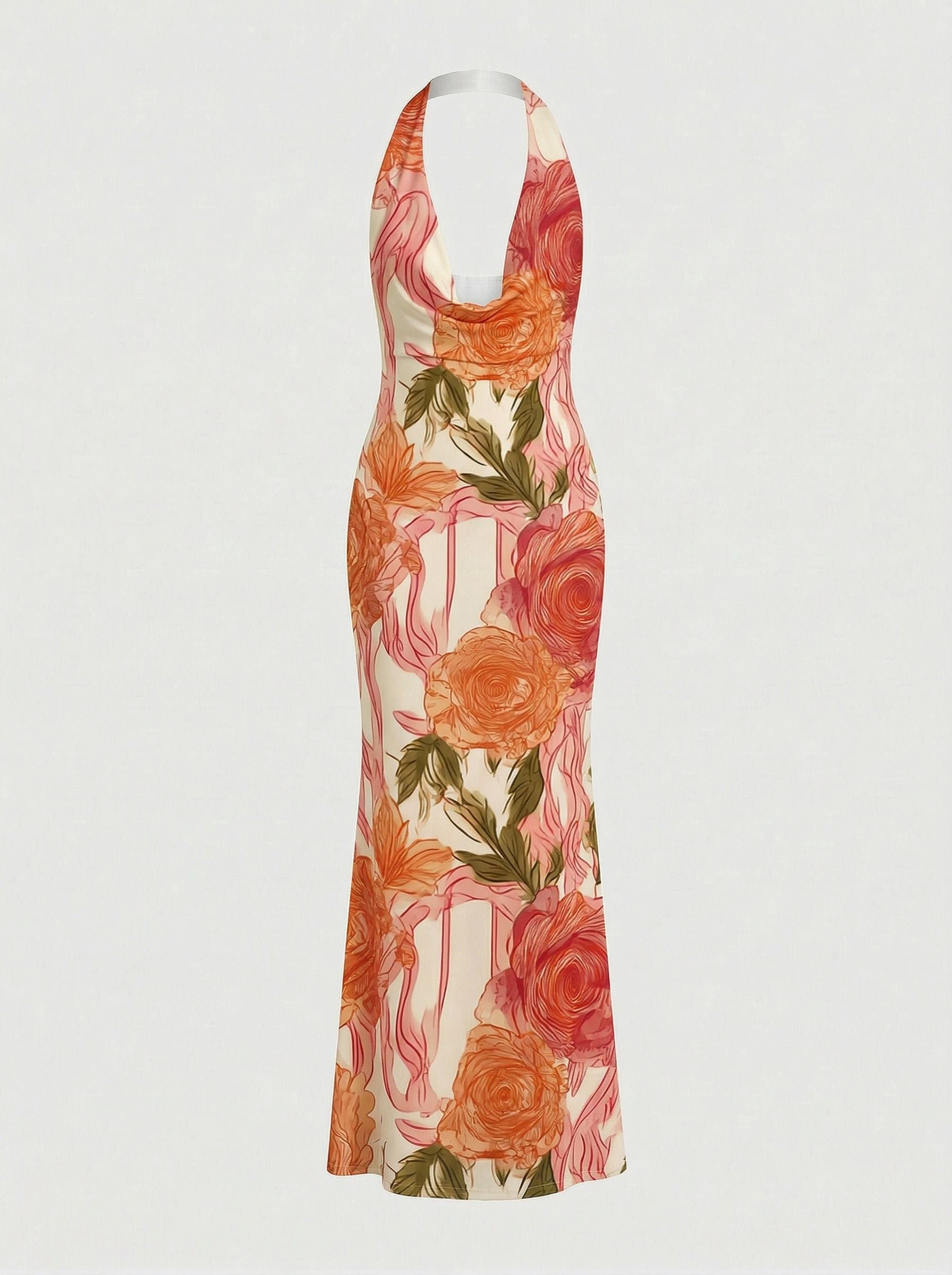 Floral Print Cowl Neck Bodycon Maxi Dress
