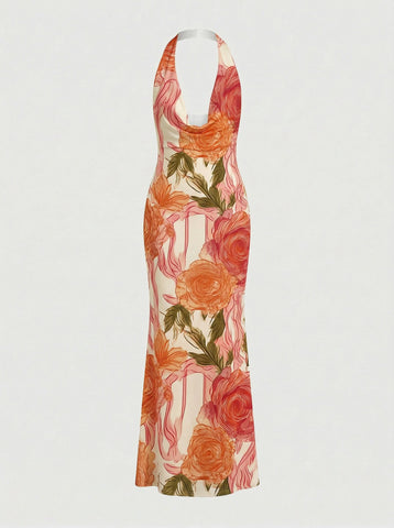 Floral Print Cowl Neck Bodycon Maxi Dress