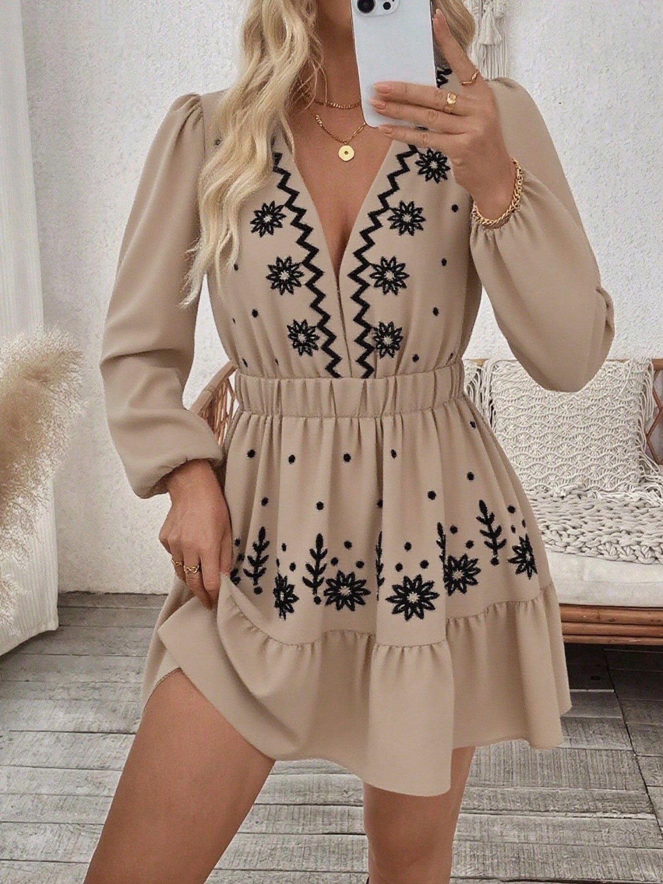 Boho Embroidered V Neck Mini Dress