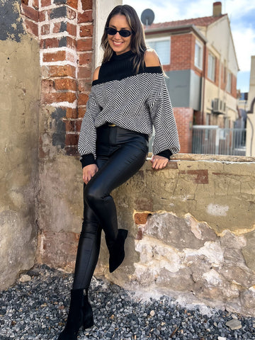 Cold Shoulder Herringbone Knit Sweater