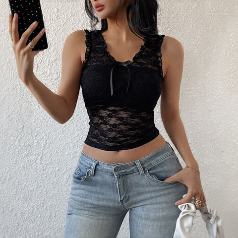 Ruffle Trim Tie Neck Lace Romantic Camisole