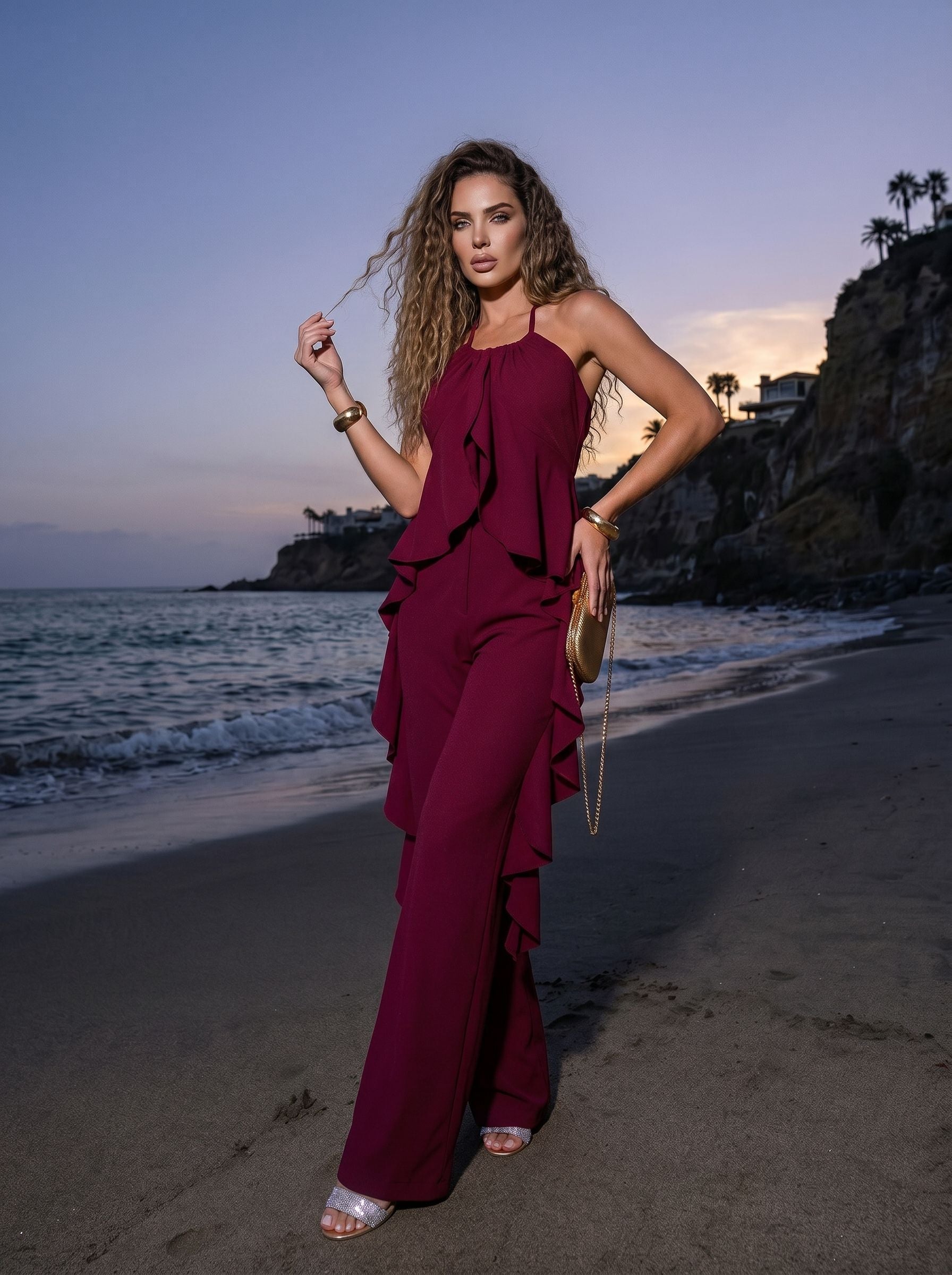 Elegant Ruffled Halter Pant Set