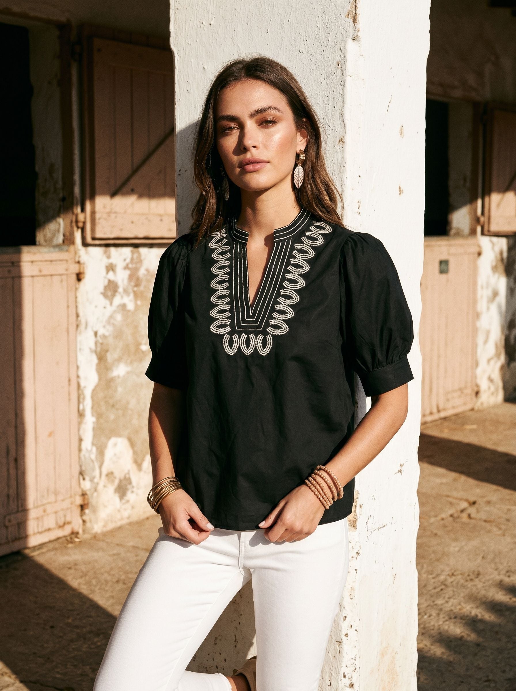 Embroidered Puff Sleeve Chiffon Blouse