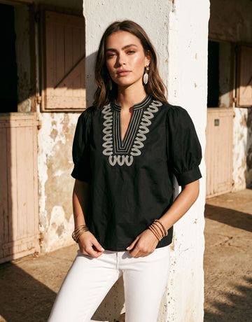 Embroidered Puff Sleeve Chiffon Blouse