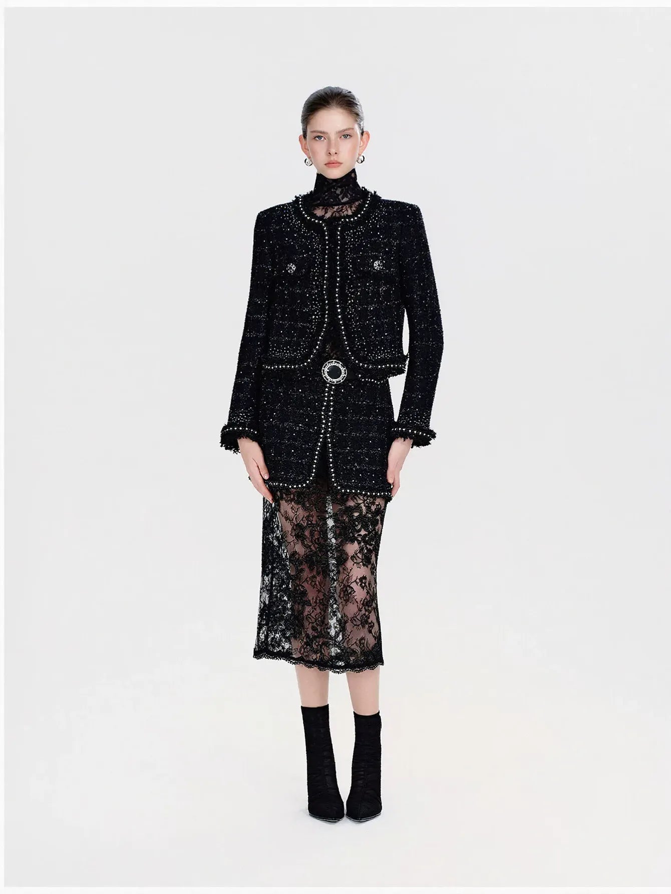 Embellished Tweed Lace Midi Skirt