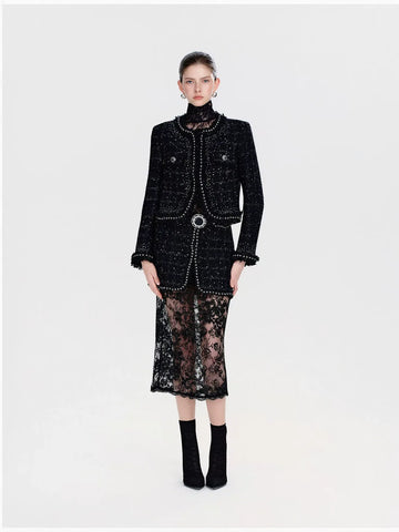Embellished Tweed Lace Midi Skirt