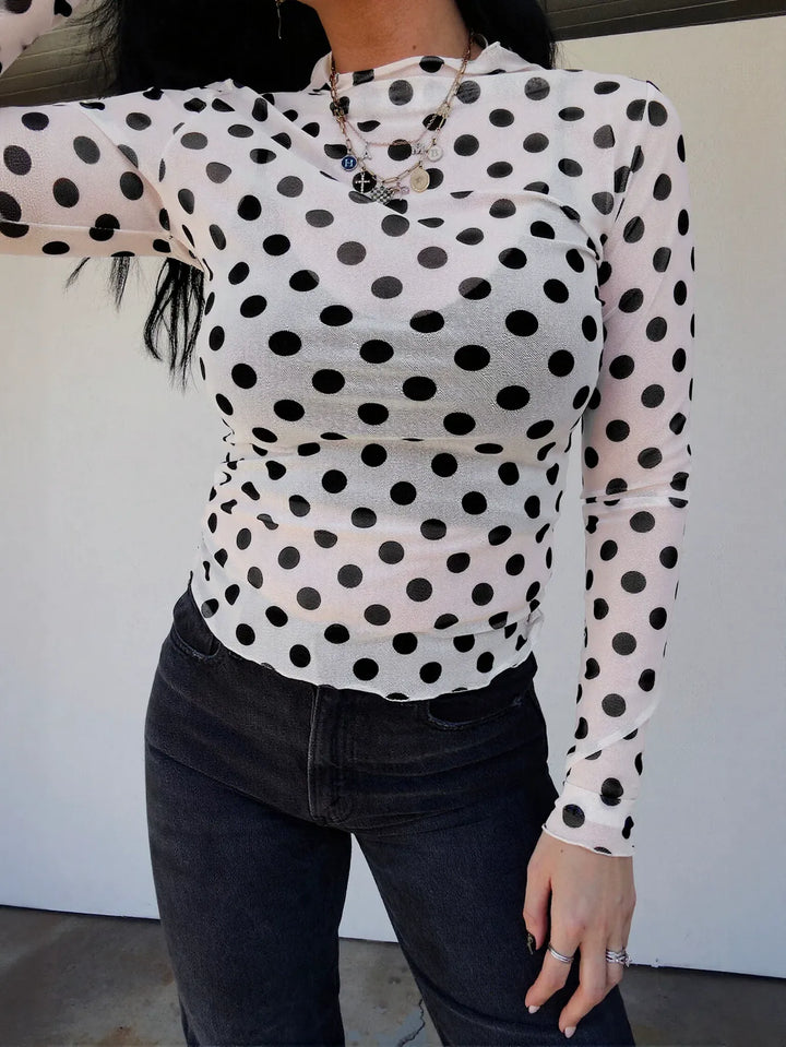 Sheer Polka Dot Mock Neck Top