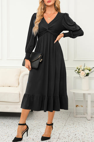 Twist Front Long Sleeve Midi Dress