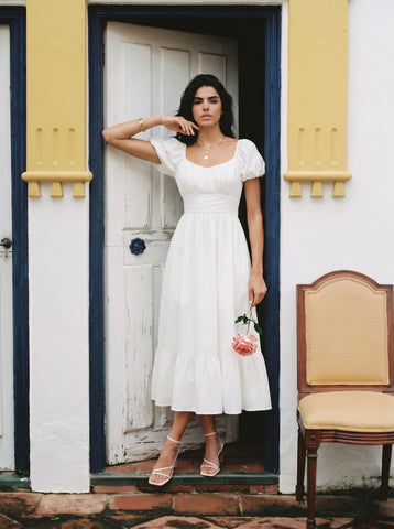 Open Back Puff Sleeve Midi Dress