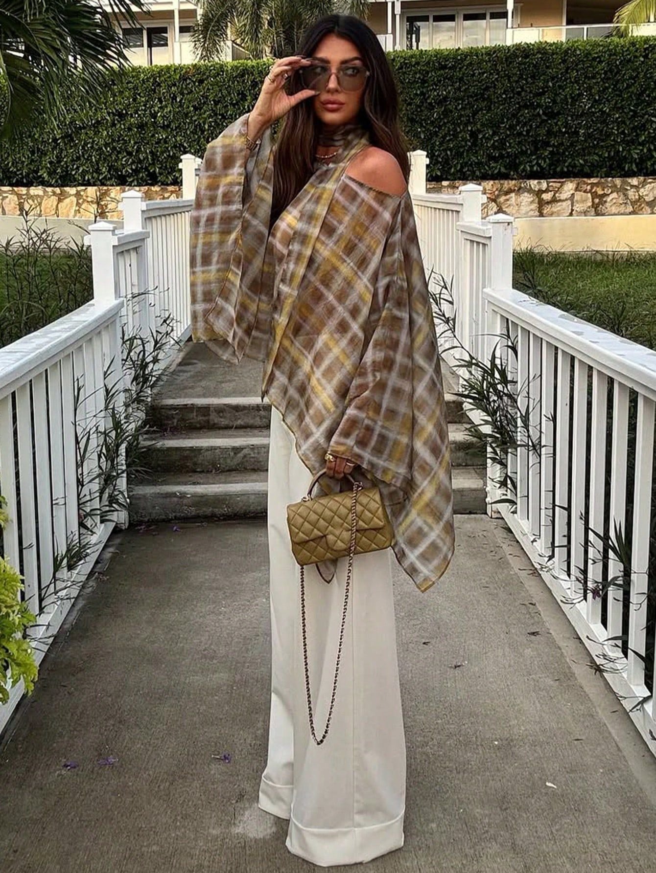 Plaid Chiffon Halter Neck Blouse