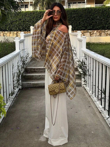Plaid Chiffon Halter Neck Blouse