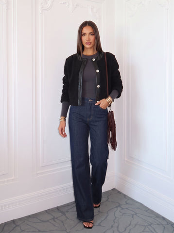 Faux Leather Trim Teddy Jacket