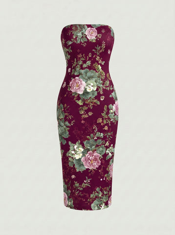 MAIA Floral Print Strapless Sheath Midi Dress