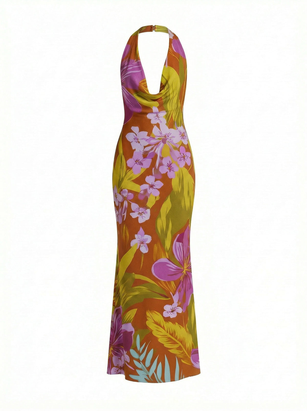 LILA Floral Print Cowl Neck Bodycon Midi Dress