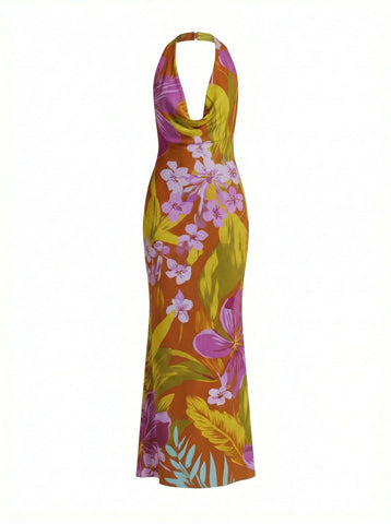 LILA Floral Print Cowl Neck Bodycon Midi Dress