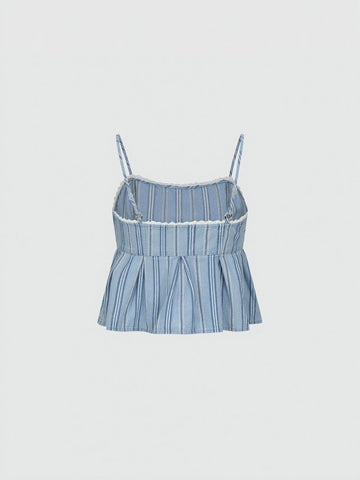 Striped Strappy Pleated Denim Shirts