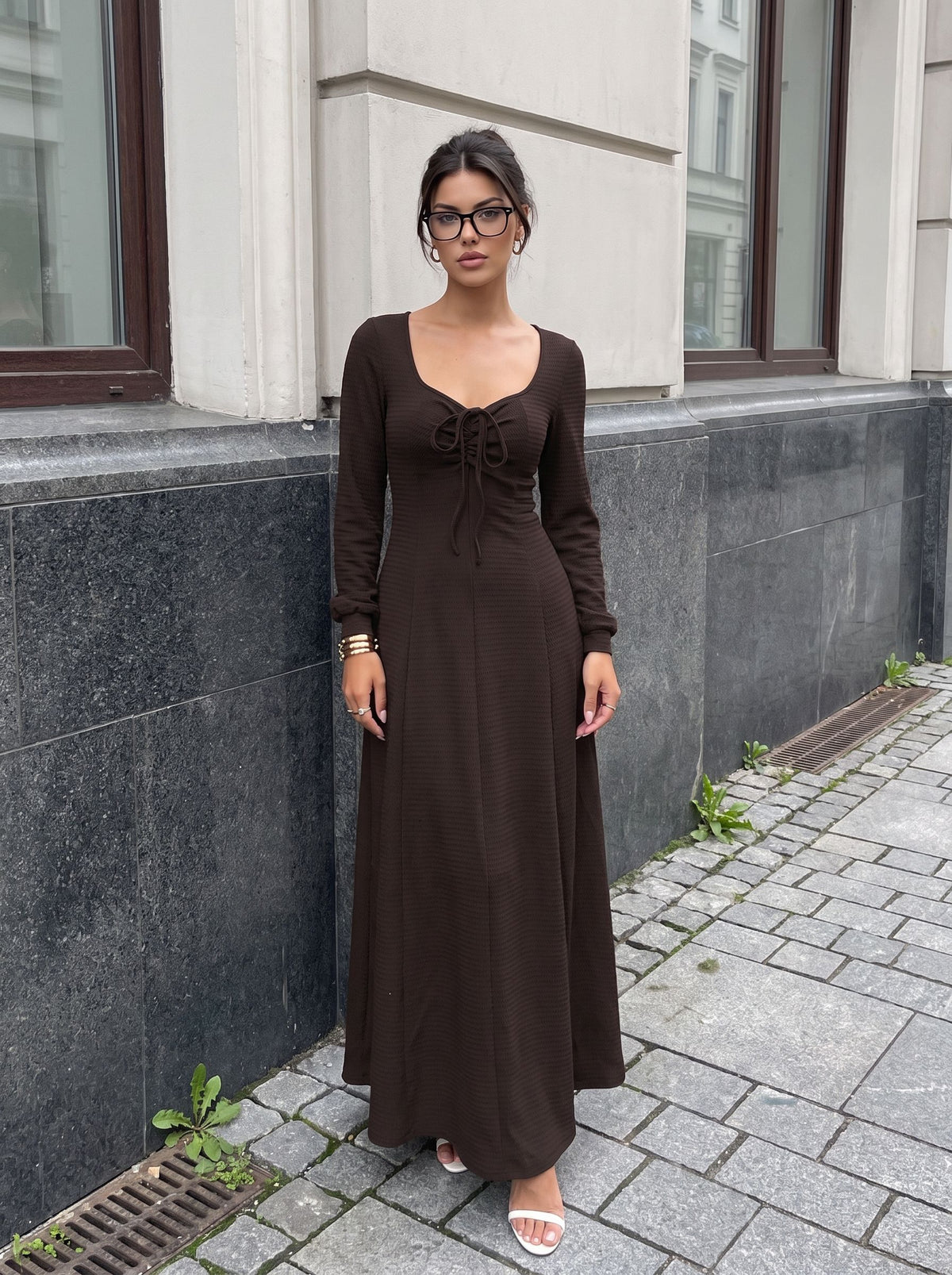 Textured Lace Up Maxi Dress